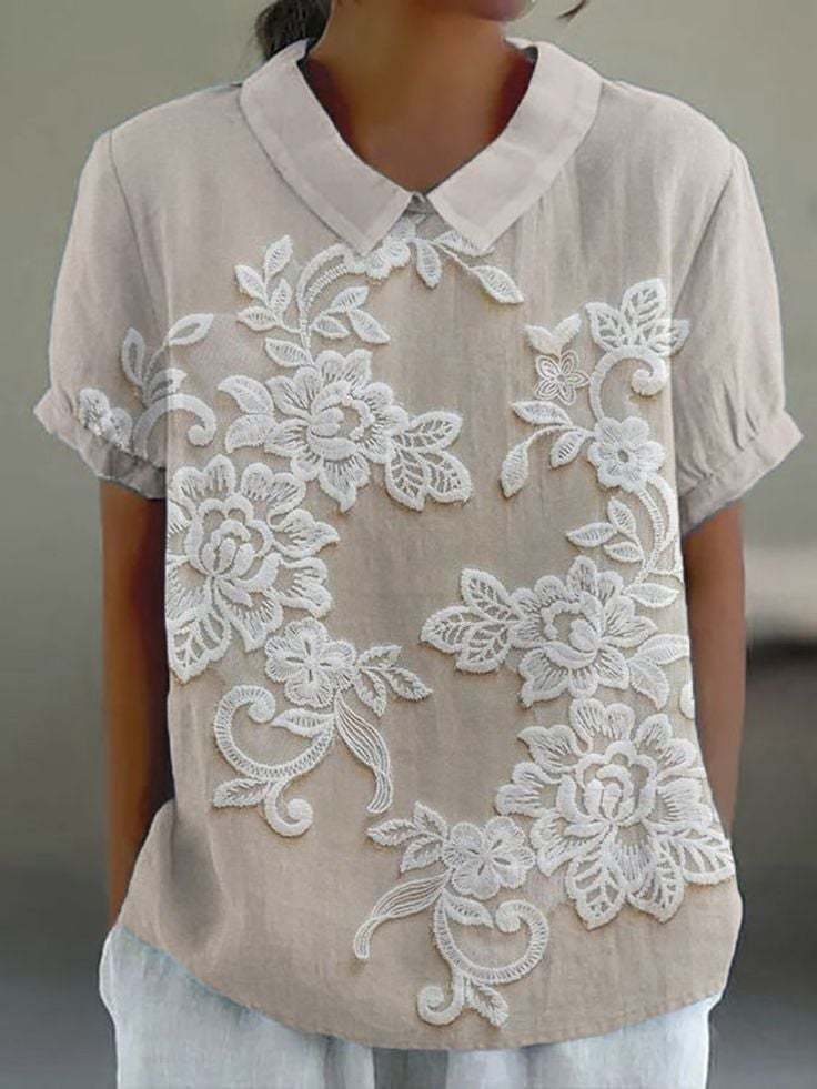 Women's Casual Lace Floral Embroidery Print Shirt