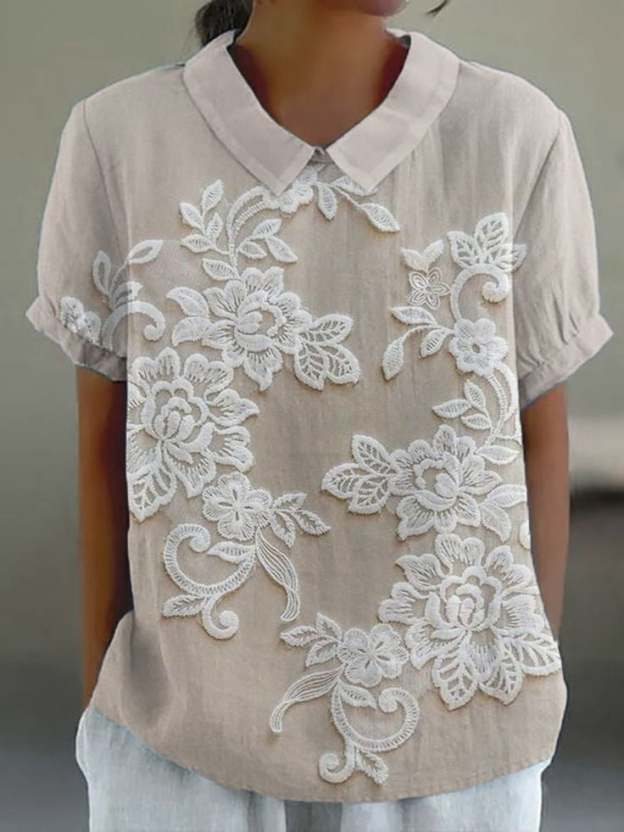Women's Casual Lace Floral Embroidery Print Shirt