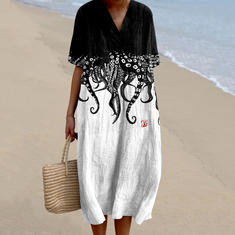 Vintage Japanese Art Octopus Legs Pattern Printed Women's Flowy Dress