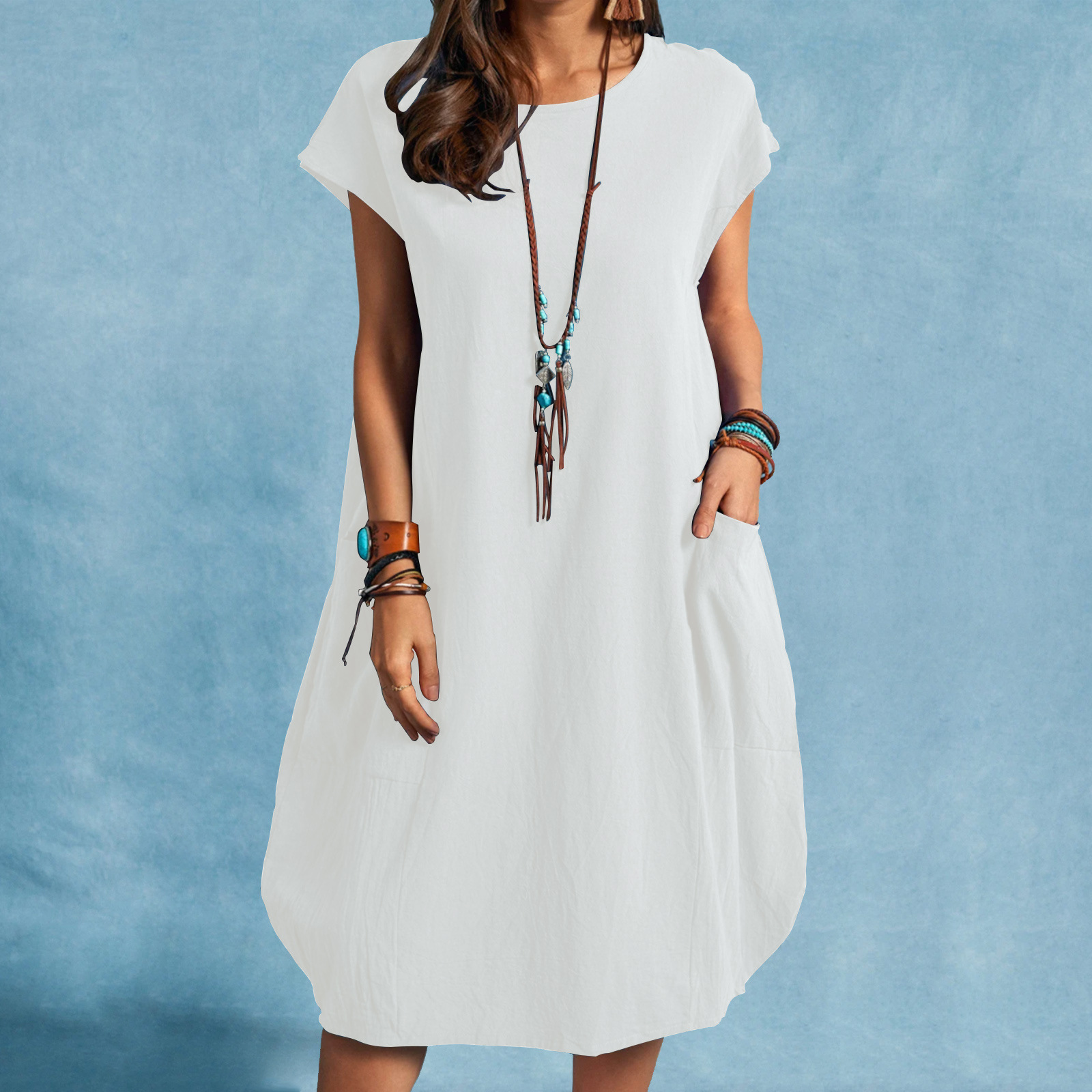 Cotton and Linen Loose Casual Solid Color Dress
