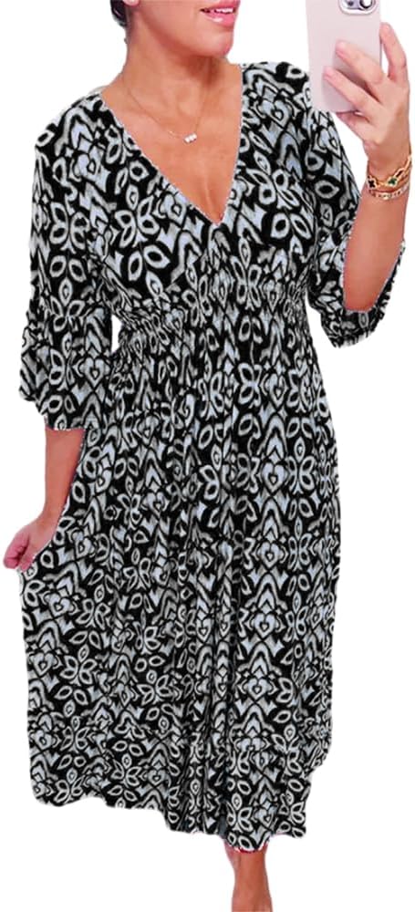 Bohemian Casual Print V-Neck Waist Wrap Long Dress, Maxi Boho Dresses 