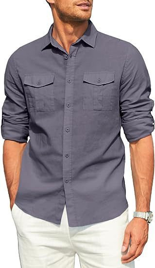Men's shirt Double pocket cotton linen long sleeve shirt