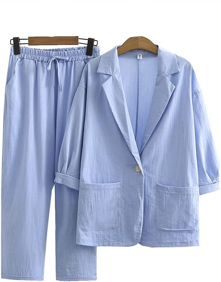 Women'S Commuter Suits Cotton And Linen Jacket Pants Pocket Loose Fashion Casual Suit