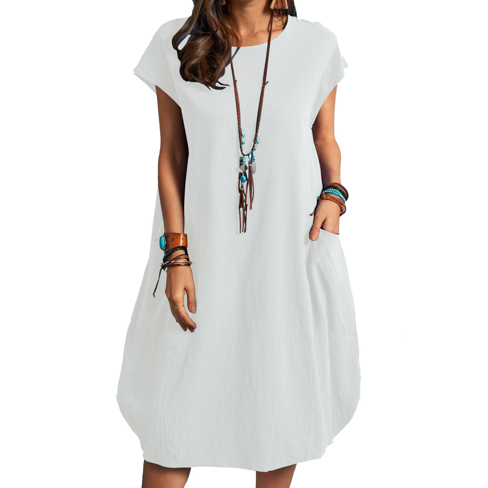 Cotton and Linen Loose Casual Solid Color Dress