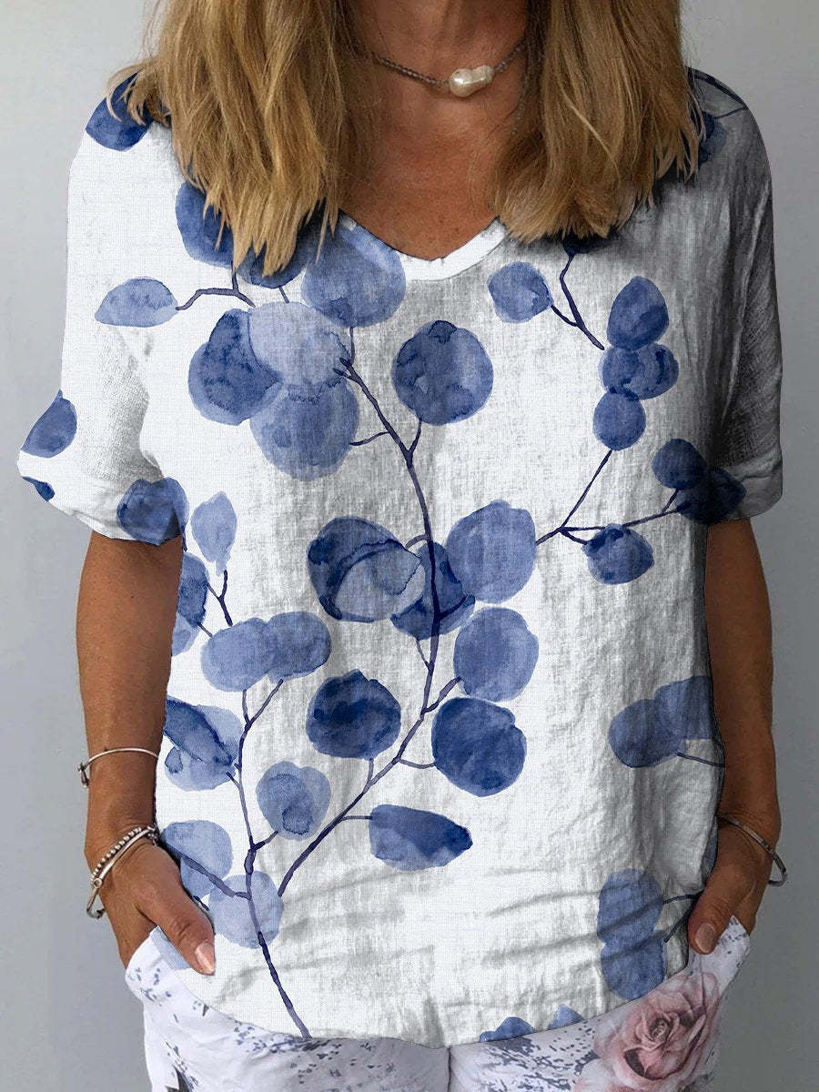 Women's Retro Botanical Floral Print Casual Cotton And Linen Shirt