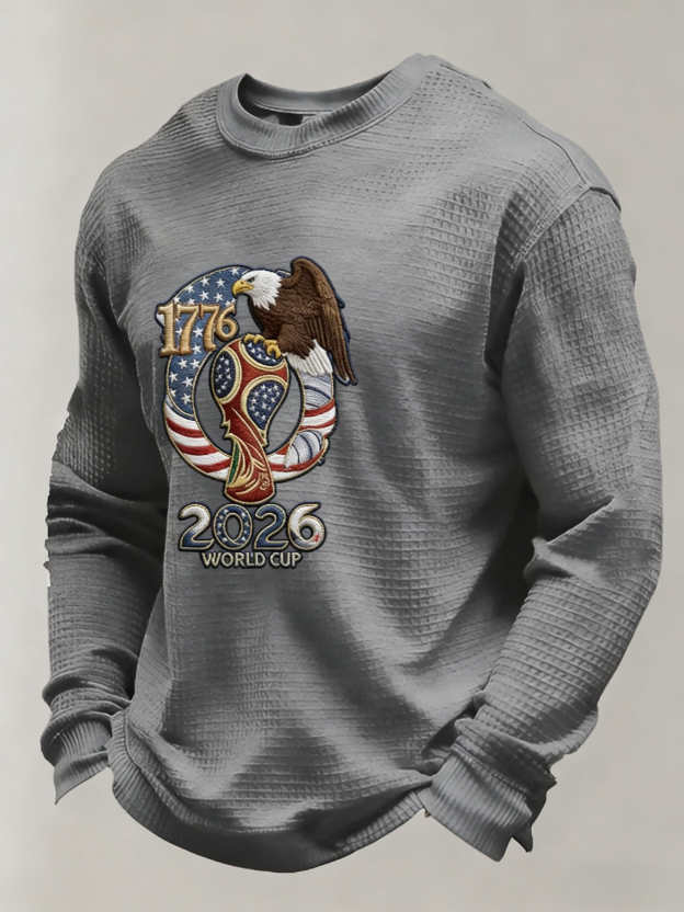 Men's US 250th Anniversary 1776-2026 Waffle-Knit Long Sleeve – Eagle & World Cup Patriotic Graphic Tee