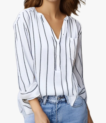 Astylish Women V Neck Striped Roll up Sleeve Button Down Blouse Tops