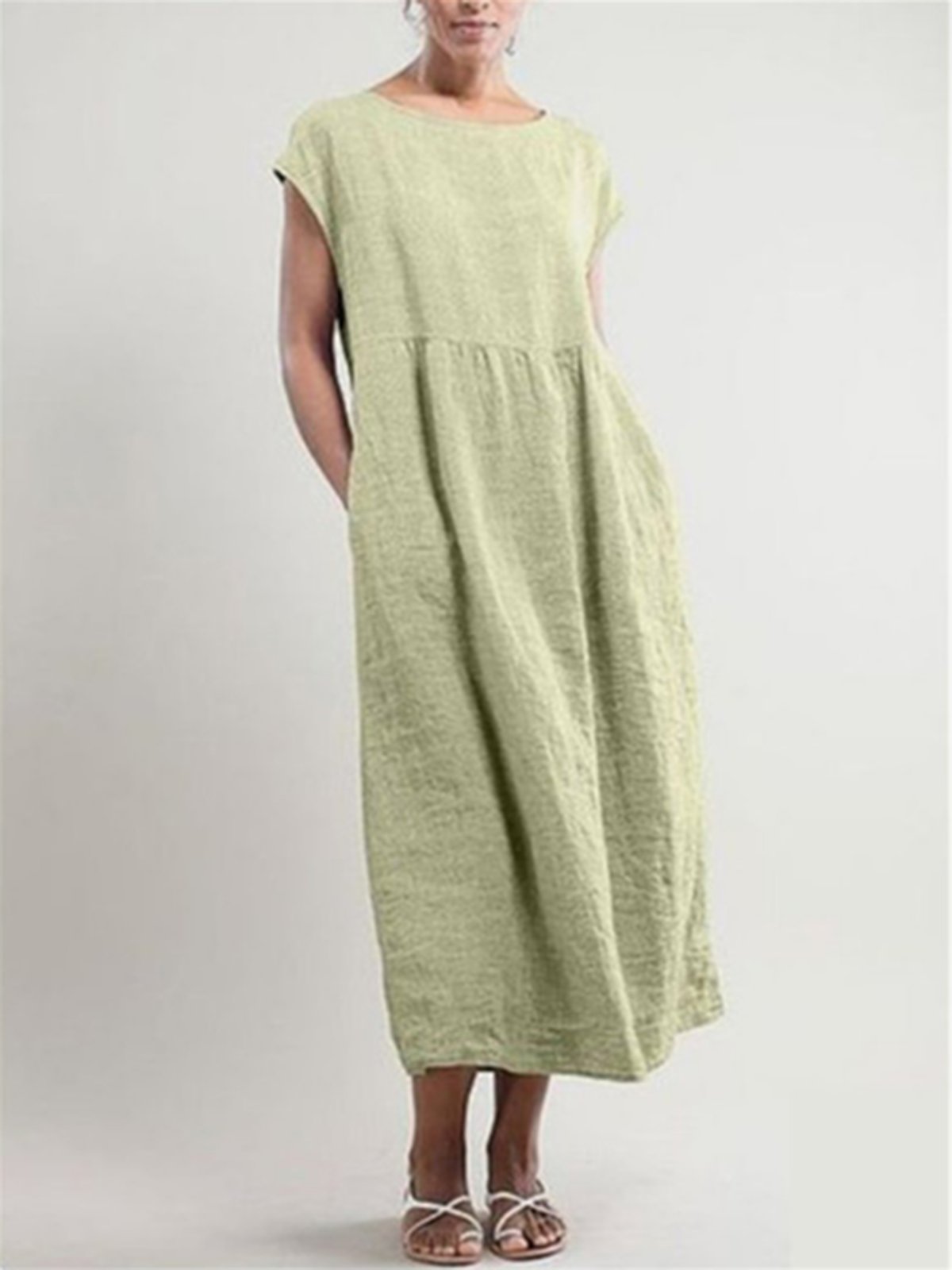 Greattioa-Solid color sleeveless loose cotton and linen pocket dress