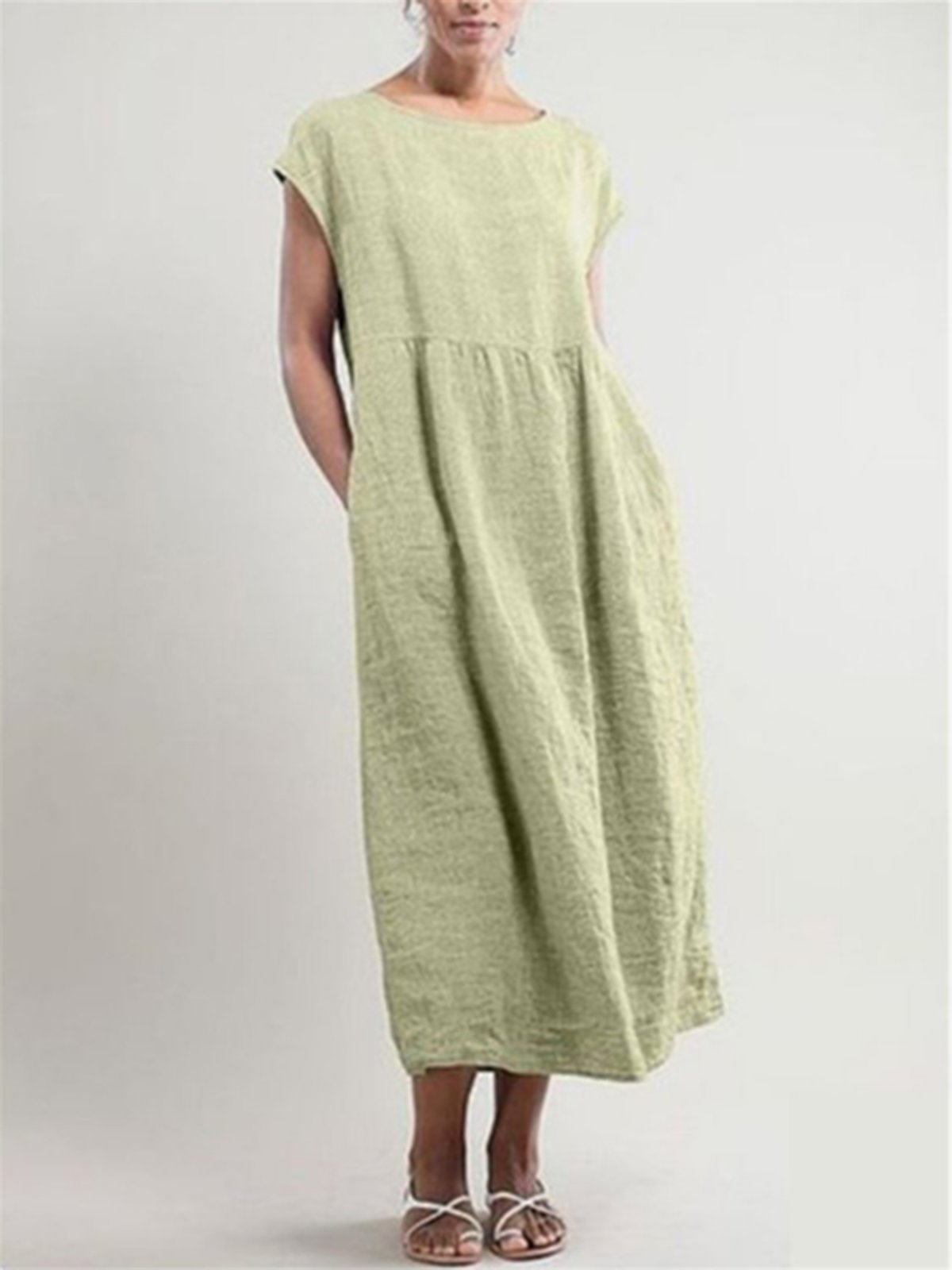 Greattioa-Solid color sleeveless loose cotton and linen pocket dress