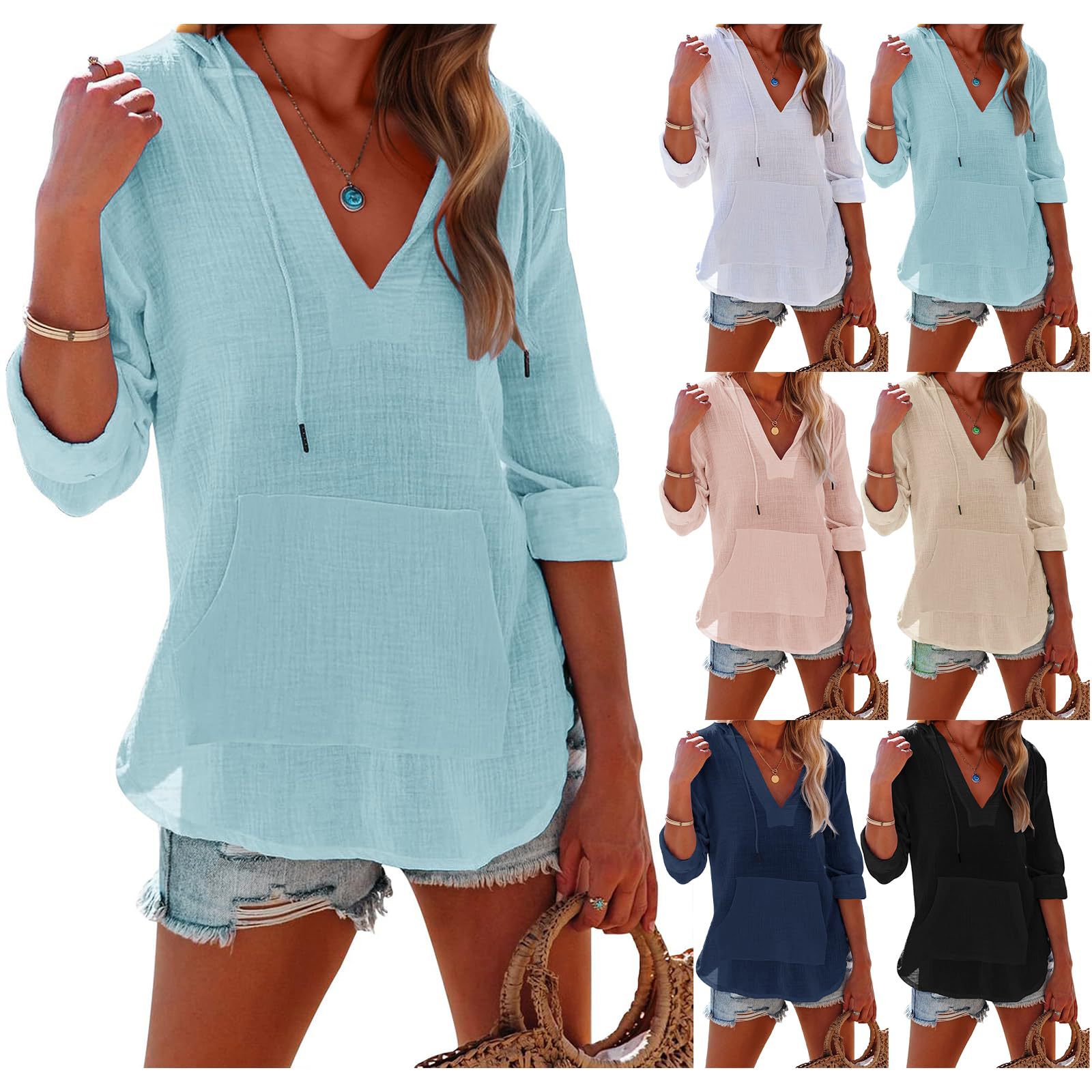 Women's Oversized Hooded Beach Cover Up - Long Sleeve V-Neck Pocket Shirt