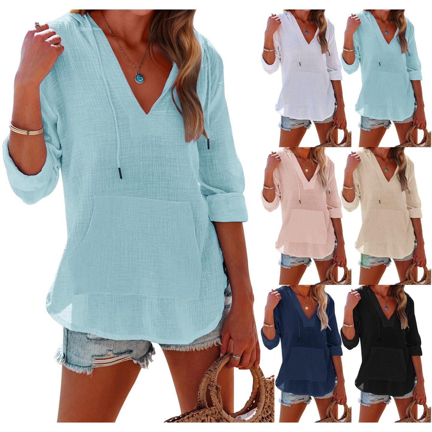 Women's Oversized Hooded Beach Cover Up - Long Sleeve V-Neck Pocket Shirt