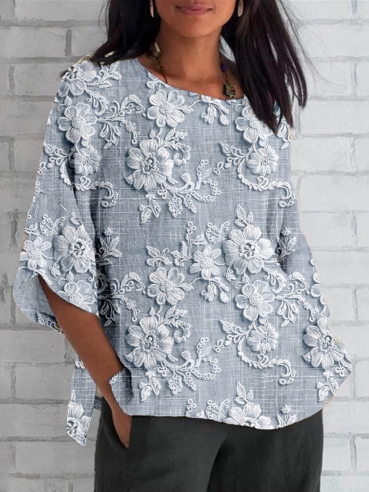 Women's Cotton And Linen Floral Lace Embroidered Print Top