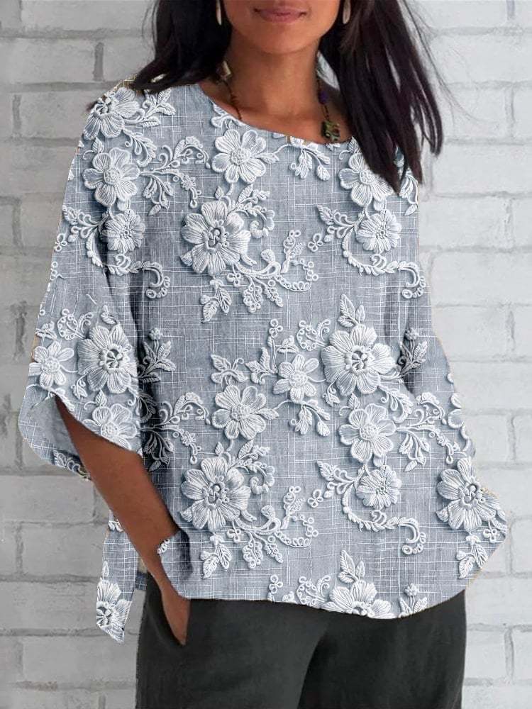 Women's Cotton And Linen Floral Lace Embroidered Print Top