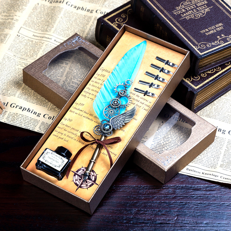 🎅🎁Best Christmas Gift 50%OFF - Deluxe Gift Boxed Retro Feather Calligraphy Dip Quill Pen Set - Natural Goose Flight Wing