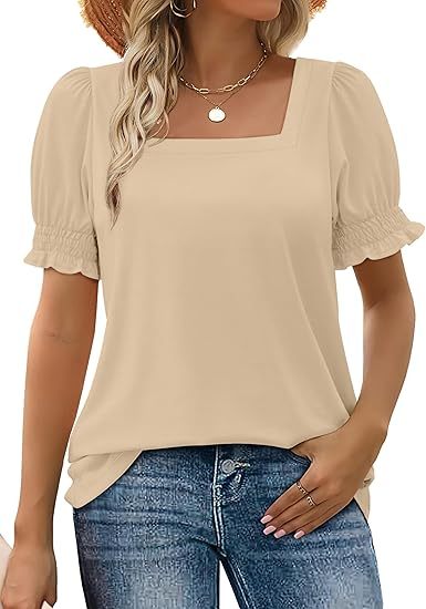 WIHOLL Tops for Women Summer Casual Ruffle Trim Sleeve Square Neck T Shirts