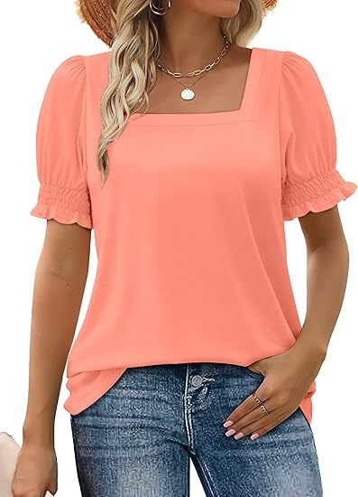 WIHOLL Tops for Women Summer Casual Ruffle Trim Sleeve Square Neck T Shirts