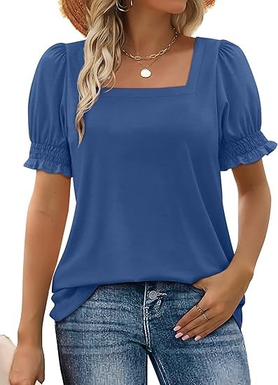WIHOLL Tops for Women Summer Casual Ruffle Trim Sleeve Square Neck T Shirts