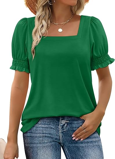 WIHOLL Tops for Women Summer Casual Ruffle Trim Sleeve Square Neck T Shirts