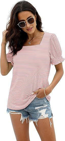 WIHOLL Tops for Women Summer Casual Ruffle Trim Sleeve Square Neck T Shirts
