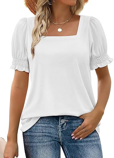 WIHOLL Tops for Women Summer Casual Ruffle Trim Sleeve Square Neck T Shirts