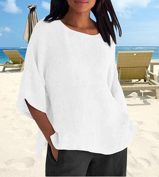 Comstylish 3/4 Sleeve Round Neck Cotton and Linen T-Shirt