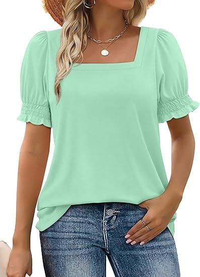 WIHOLL Tops for Women Summer Casual Ruffle Trim Sleeve Square Neck T Shirts