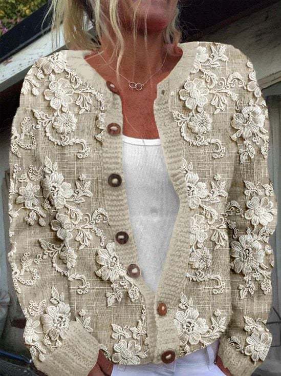 Women's Casual Floral Embroidery Print Cardigan