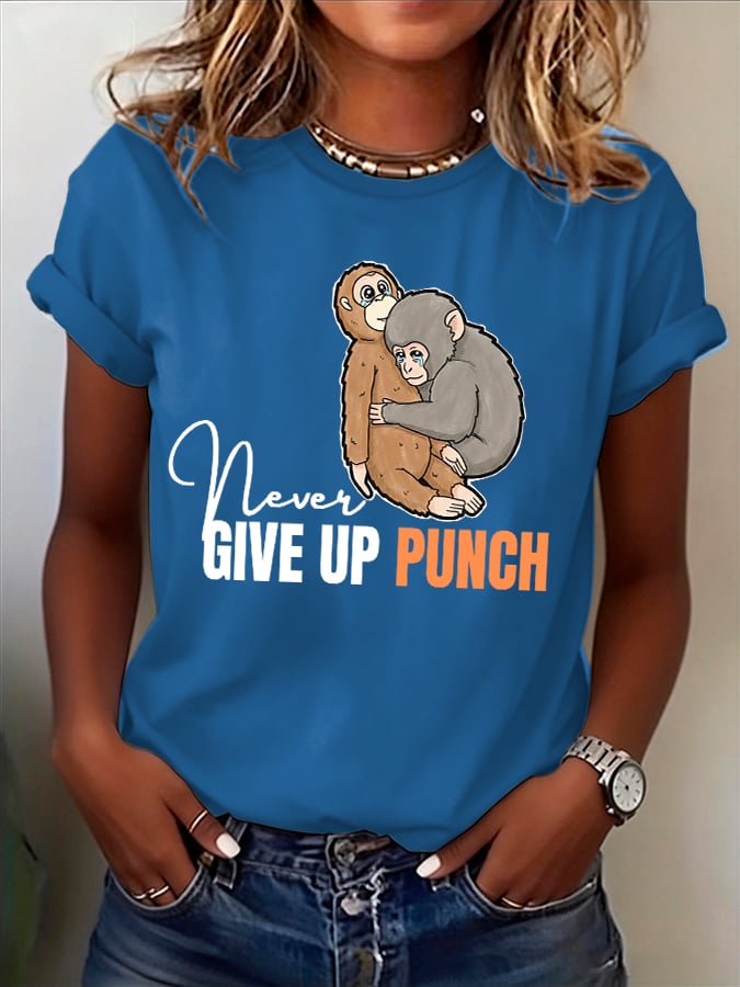 Women's Retro Baby Monkey Punch Never Give Up Print T-shirt