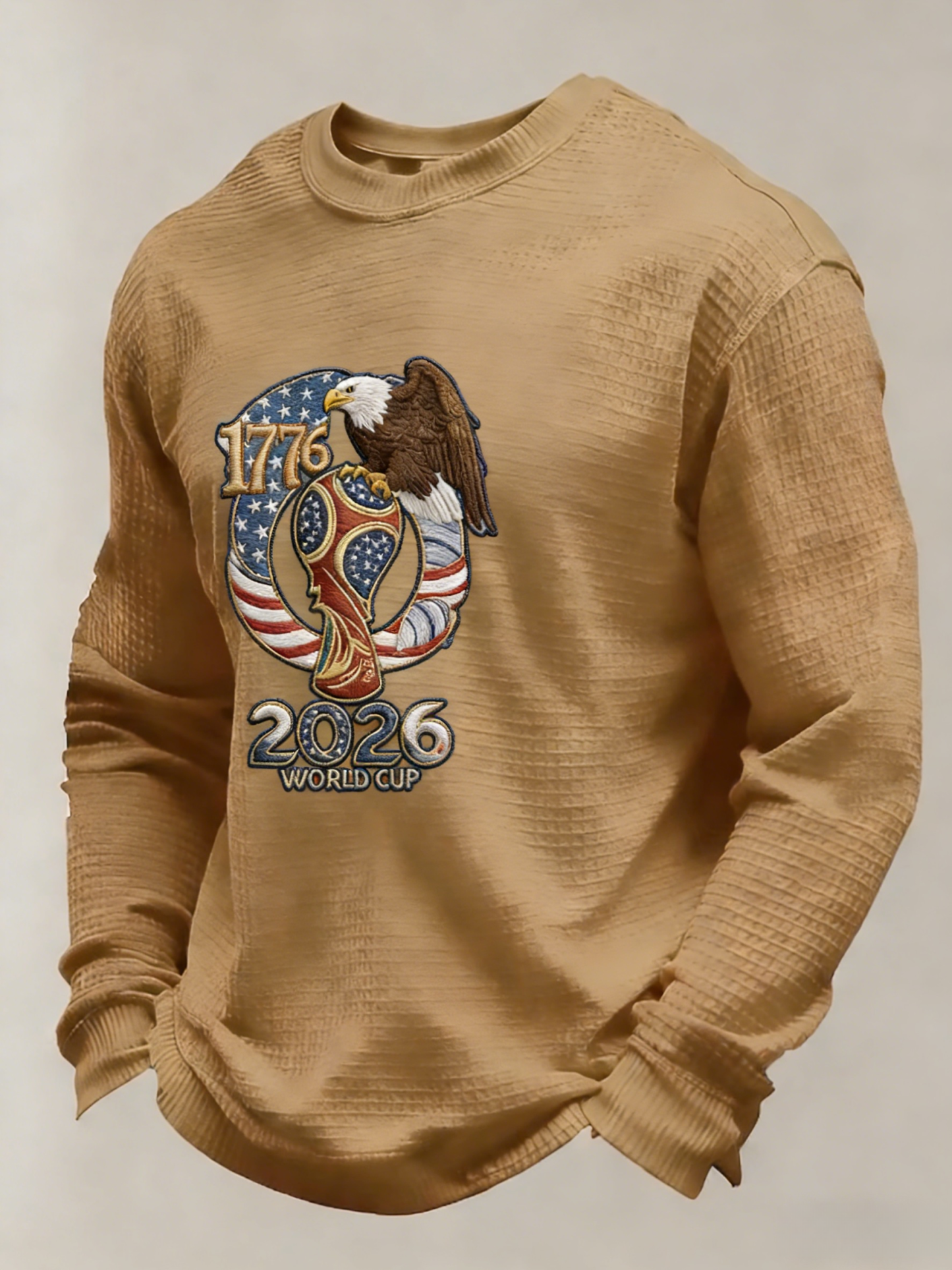 Men's US 250th Anniversary 1776-2026 Waffle-Knit Long Sleeve – Eagle & World Cup Patriotic Graphic Tee