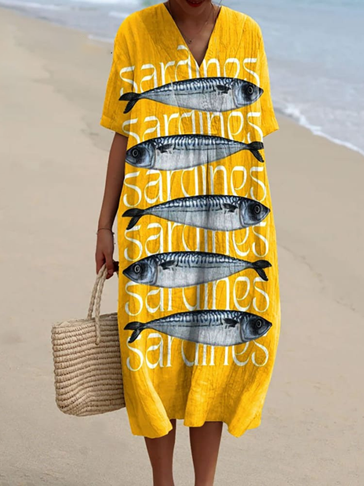Vintage Sardines Fish Art Pattern Printed Women's Flowy Dress