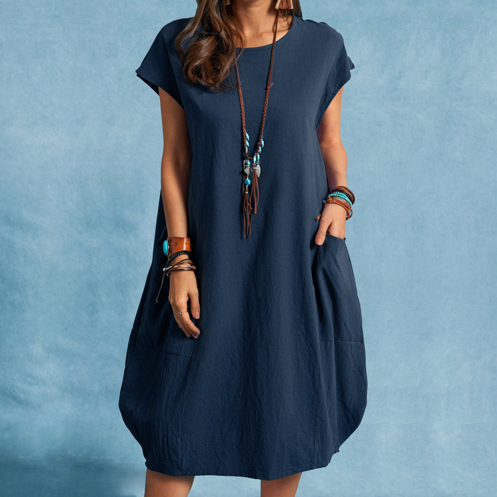 Cotton and Linen Loose Casual Solid Color Dress