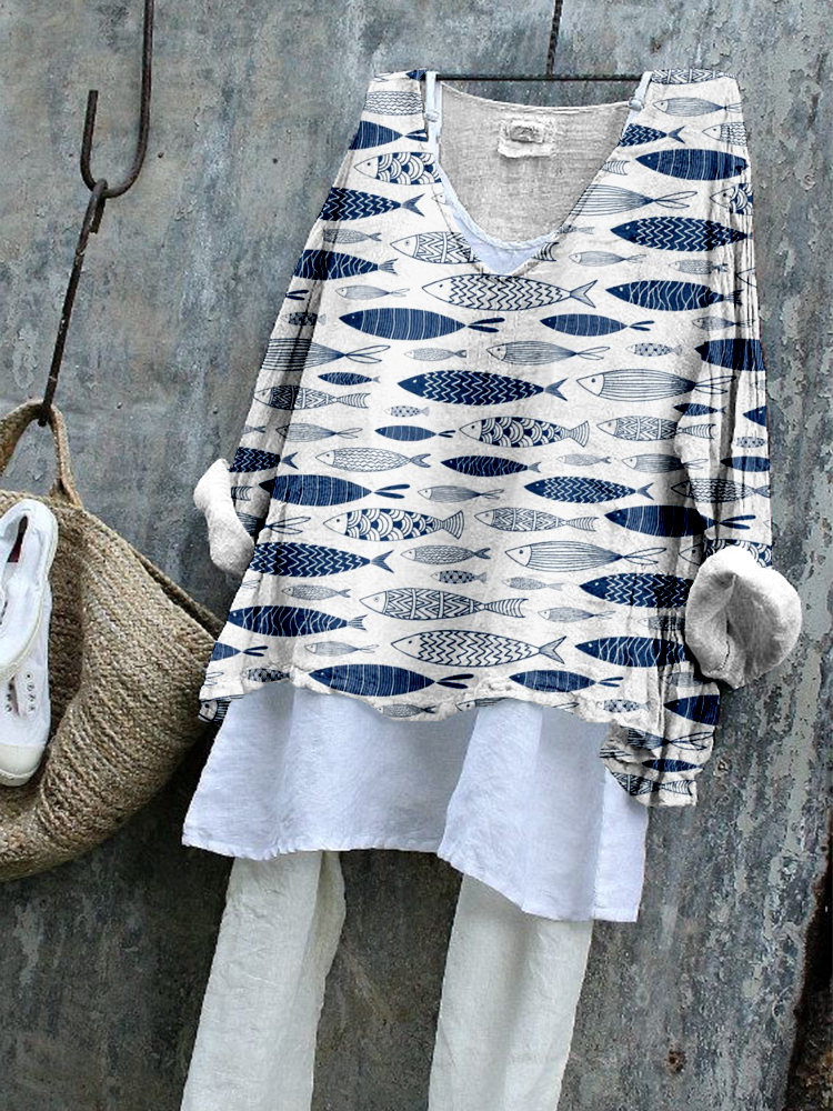 Vintage Fish Art Pattern Linen Blend Flowy Tunic