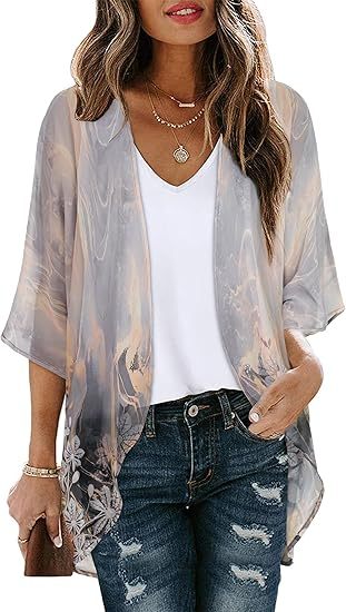 Women's Floral Print Puff Sleeve Kimono Cardigan Loose Cover Up Casual Blouse Tops
