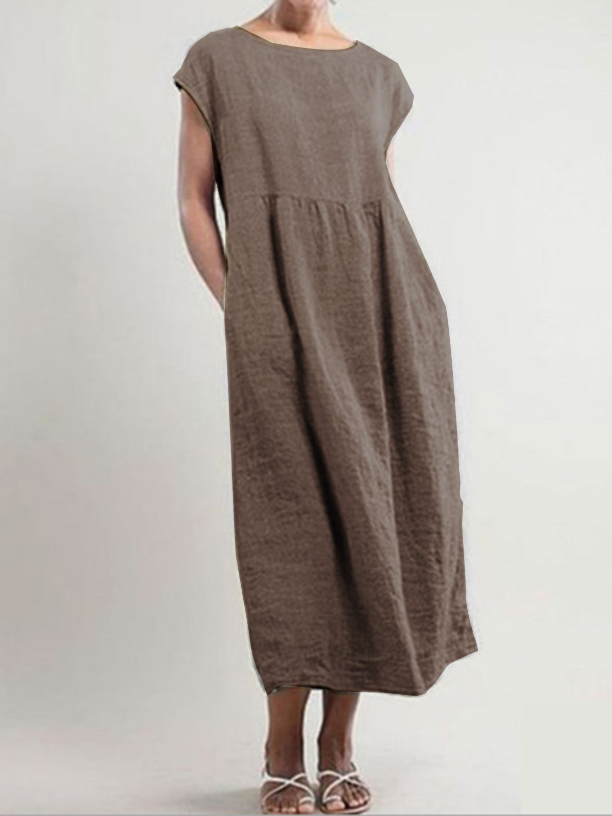 Greattioa-Solid color sleeveless loose cotton and linen pocket dress