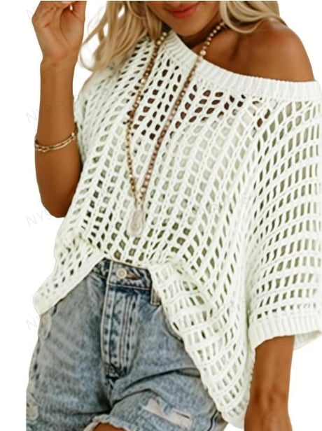 🎁 Womens Summer Scoop Neck Short Sleeve Sweater Casual Crochet Hollow Out Knit Tops Pullover Shirts Beach Coverup