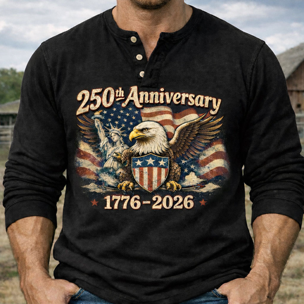 Men's US 250th Anniversary 1776-2026 Henley Shirt – Vintage Eagle & Statue of Liberty Patriotic Long Sleeve Top
