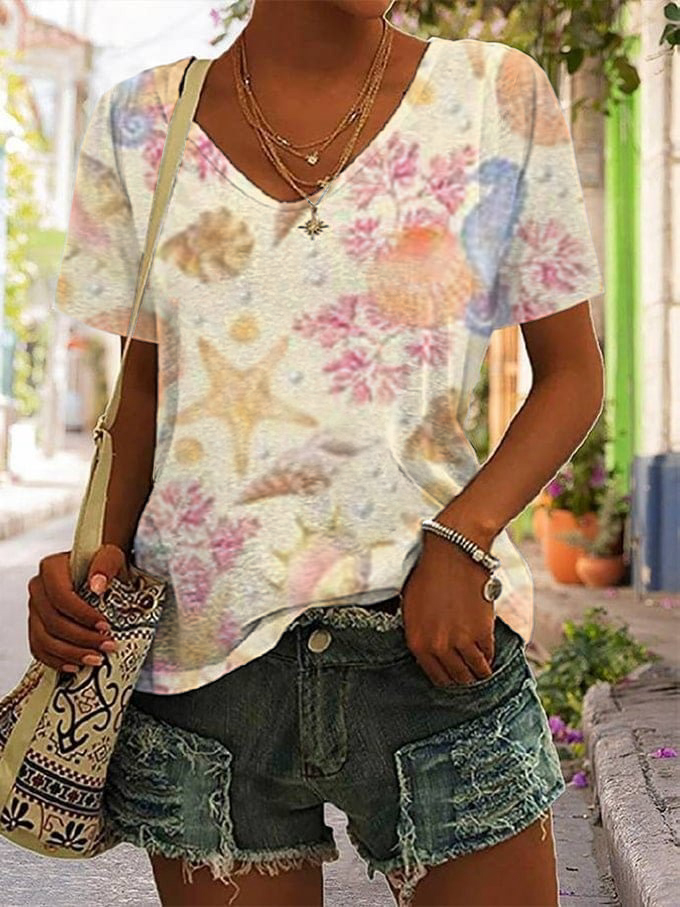 🔥Best Match🔥Women's Hawaiian Vacation Print Casual V-Neck T-Shirt