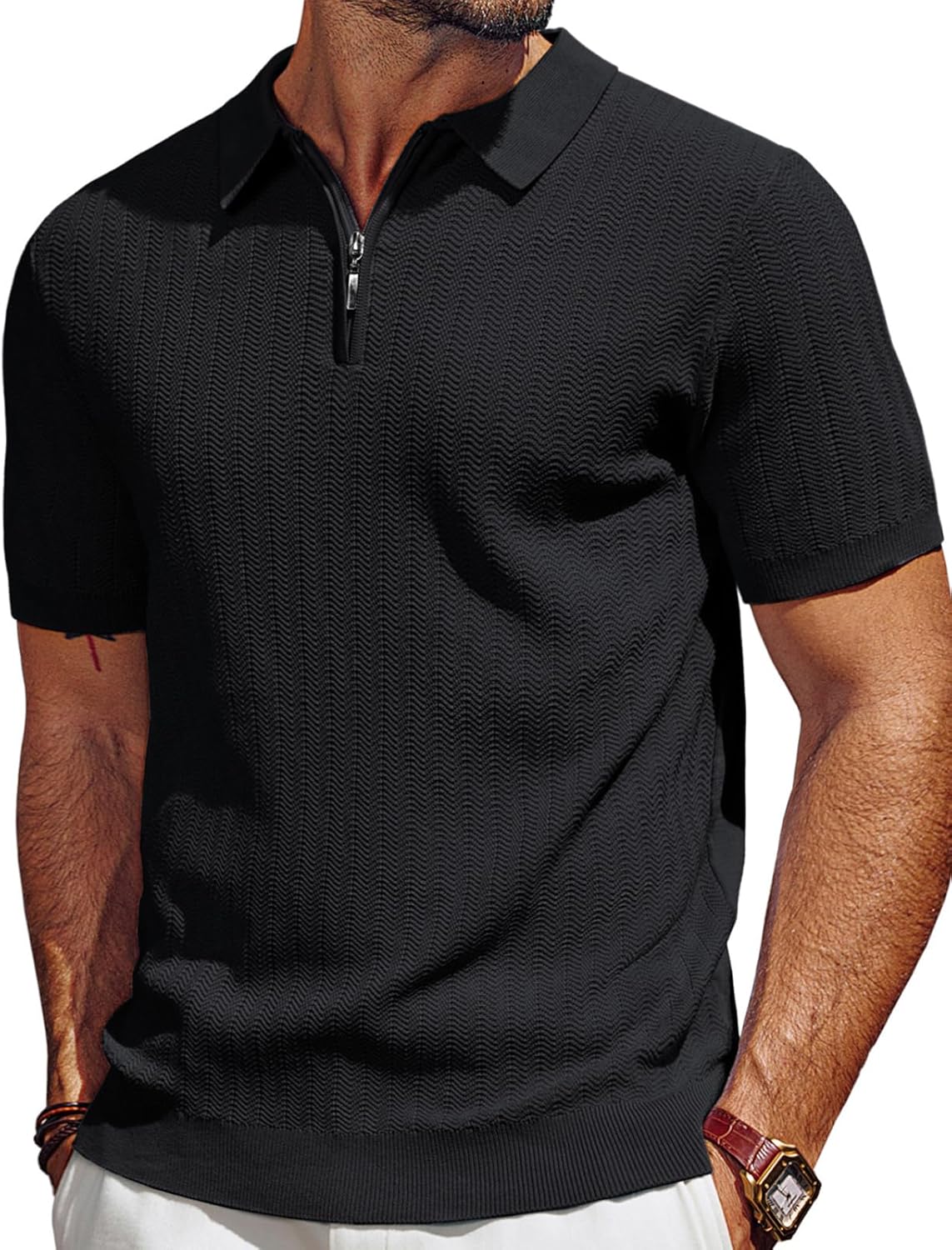 Men's Polo Shirts Quarter Zip Textured Knit Shirts Summer Shirt