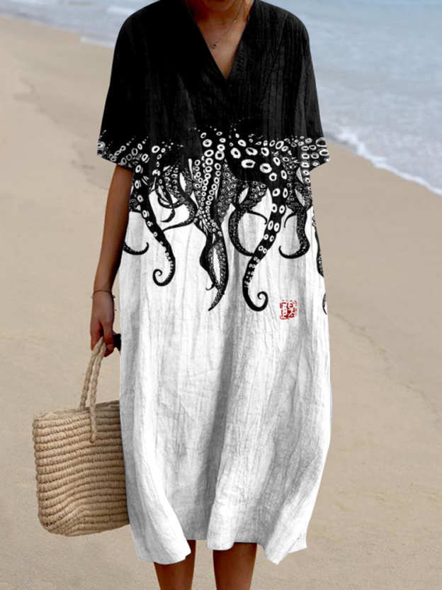 Vintage Japanese Art Octopus Legs Pattern Printed Women's Flowy Dress