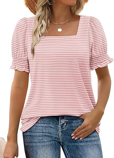 WIHOLL Tops for Women Summer Casual Ruffle Trim Sleeve Square Neck T S