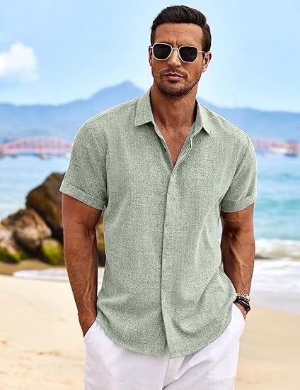 Men's Solid Color Lapel Cotton Linen Short Sleeve Shirt 82339241X