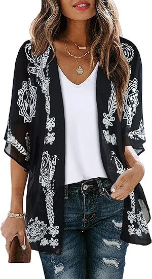 Women's Floral Print Puff Sleeve Kimono Cardigan Loose Cover Up Casual Blouse Tops
