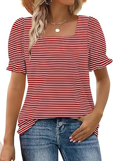 WIHOLL Tops for Women Summer Casual Ruffle Trim Sleeve Square Neck T Shirts