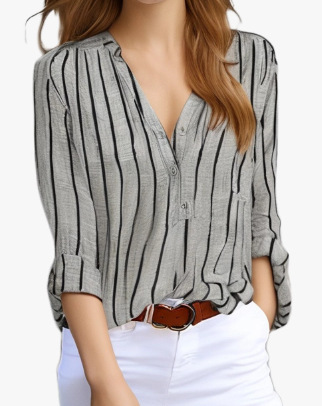 Astylish Women V Neck Striped Roll up Sleeve Button Down Blouse Tops