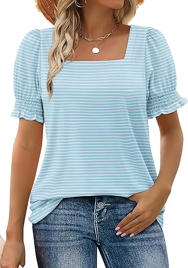 WIHOLL Tops for Women Summer Casual Ruffle Trim Sleeve Square Neck T Shirts