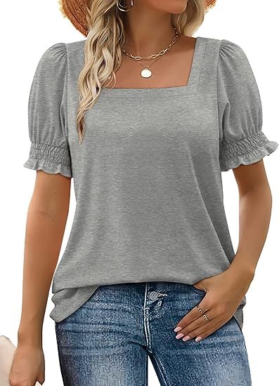 WIHOLL Tops for Women Summer Casual Ruffle Trim Sleeve Square Neck T Shirts