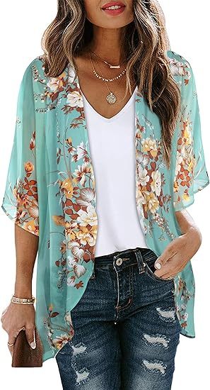 Women's Floral Print Puff Sleeve Kimono Cardigan Loose Cover Up Casual Blouse Tops