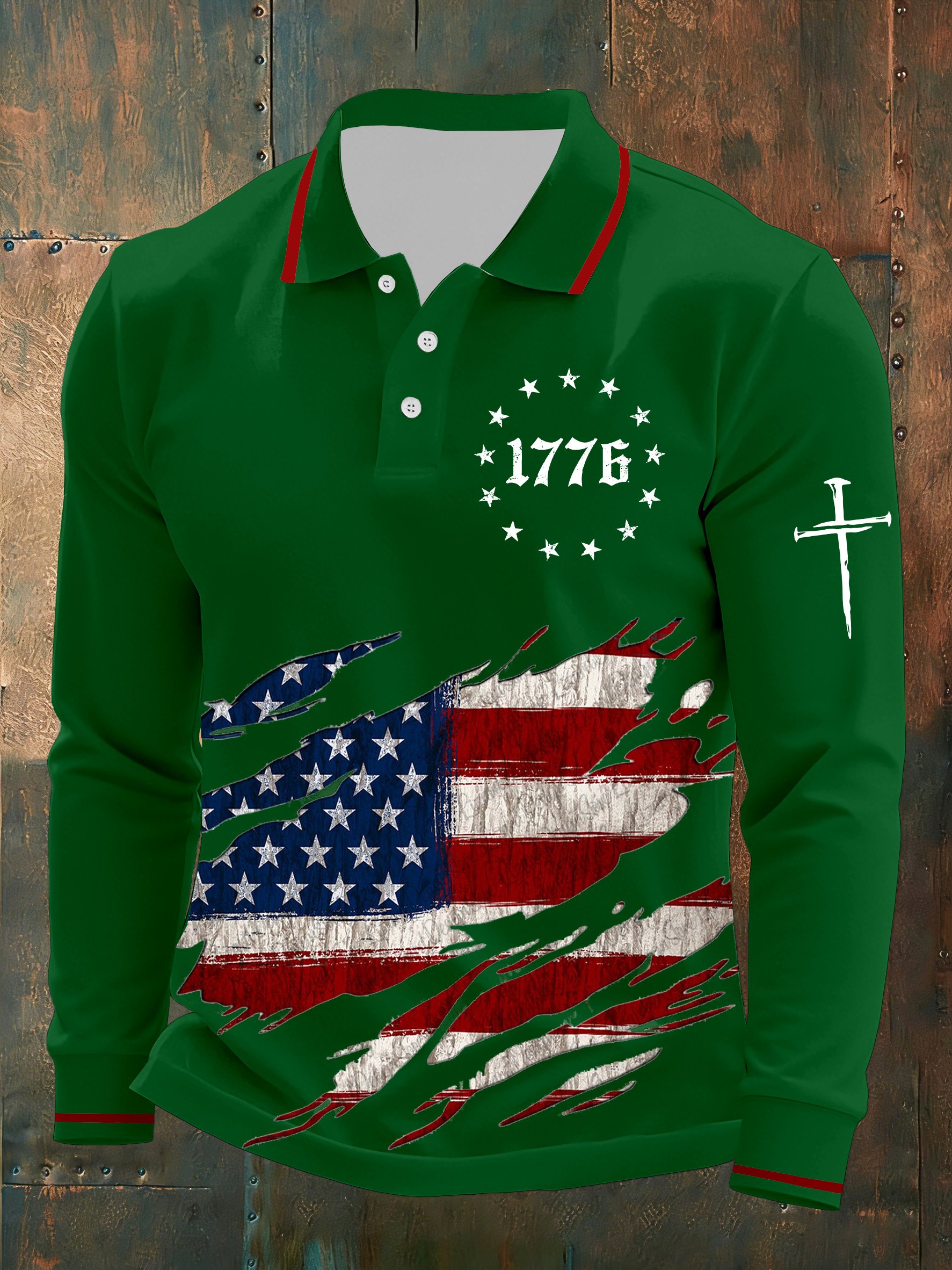 Men's Vintage Flag Faith Cross Printed Casual Long-Sleeved Polo Shirt