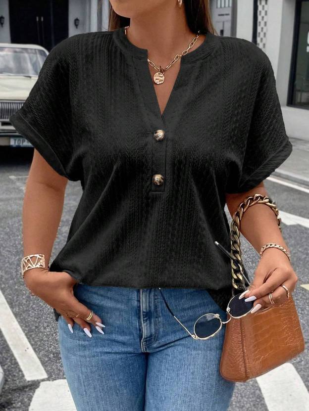 Notched Neck Batwing Sleeve Top