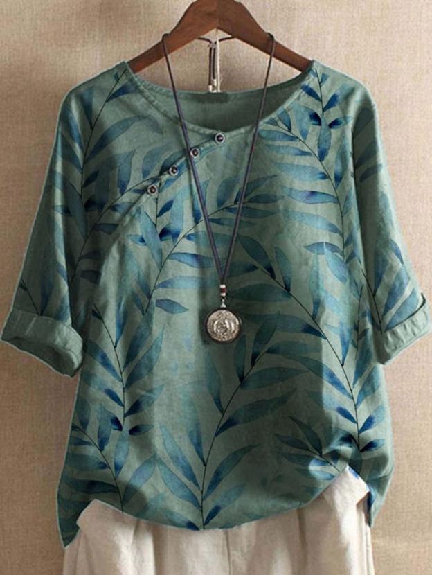 Cotton and Linen Botanical Print Crew Neck Loose Shirt